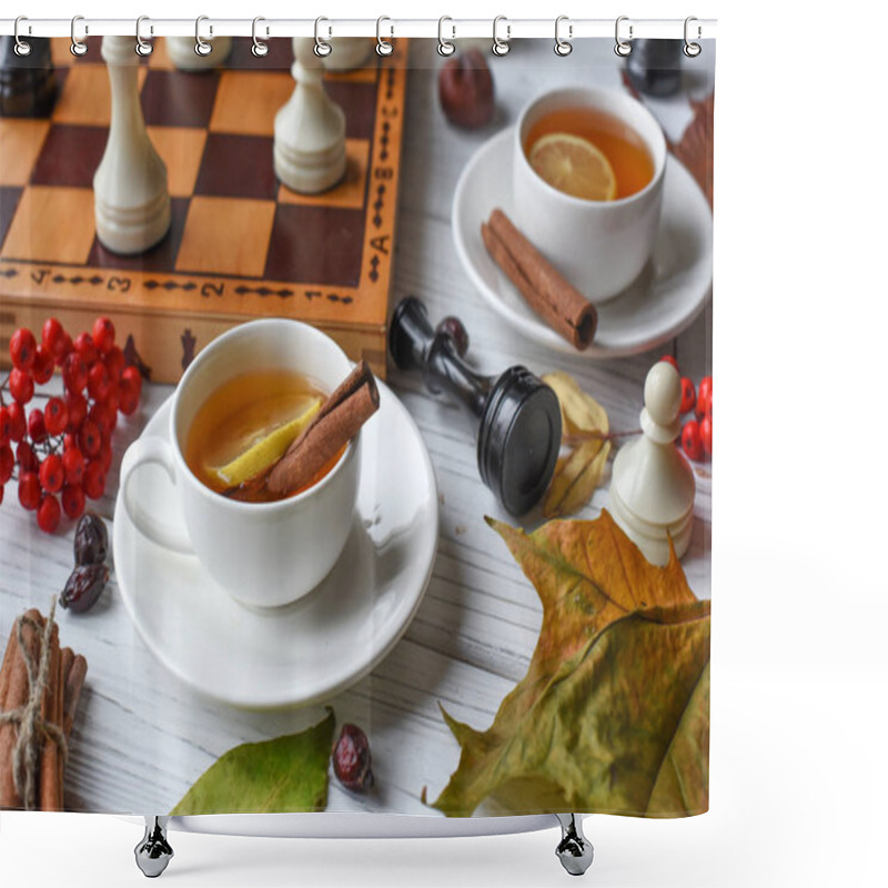 Personality  A Cozy Photo With Two Cups Of Tea, Board With Unfinished Chess Game, Autumn Leaves And Cinnamon Sticks Shower Curtains