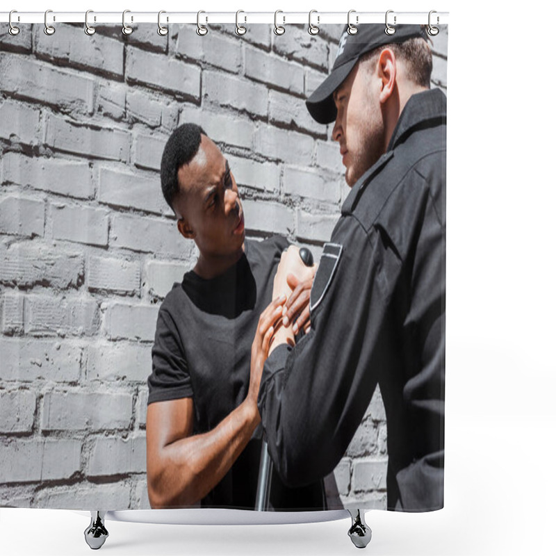 Personality  Angry Police Officer Detaining African American Man On Street, Racism Concept  Shower Curtains