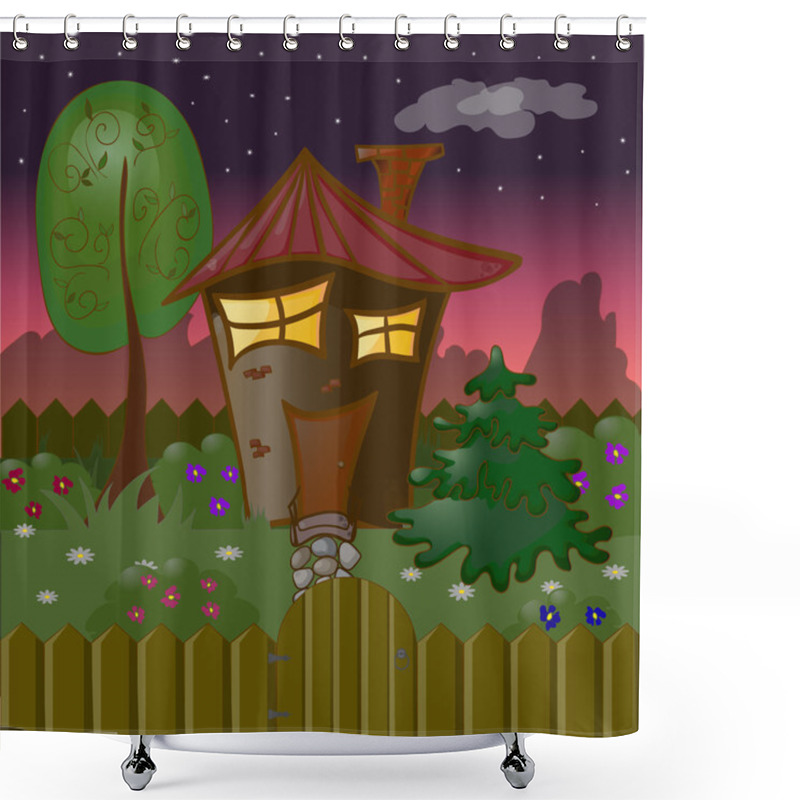 Personality  Cartoon House In Summer Night With A Tree, A Fir-tree And Bushes In The Garden Behind A Fence. Vector Illustration. Shower Curtains