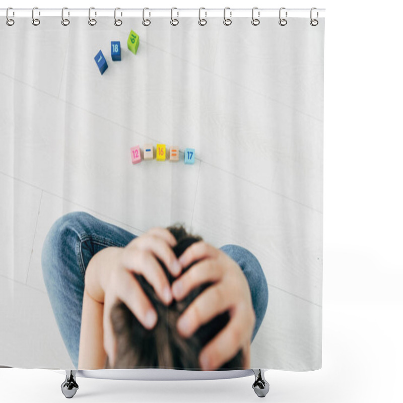 Personality  Top View Of Sad Kid With Dyslexia Sitting Near Building Blocks Shower Curtains