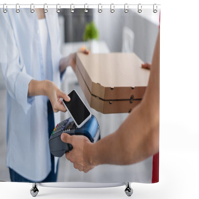 Personality  Cropped View Of Delivery Man Holding Payment Terminal And Pizza Boxes Near Woman With Mobile Phone Shower Curtains