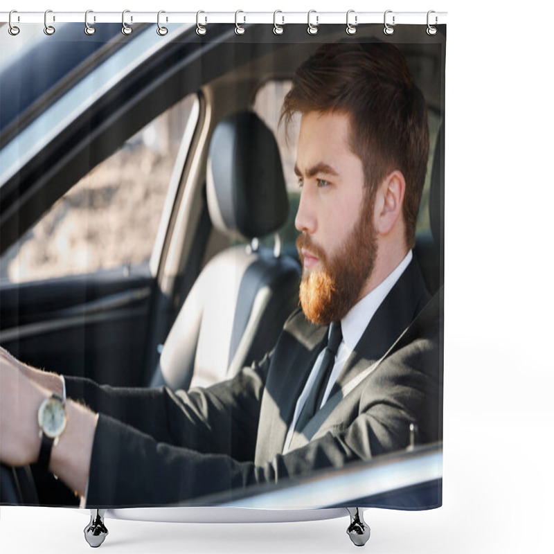 Personality  Close Up Portrait Of Serious Business Man Driving Car Shower Curtains