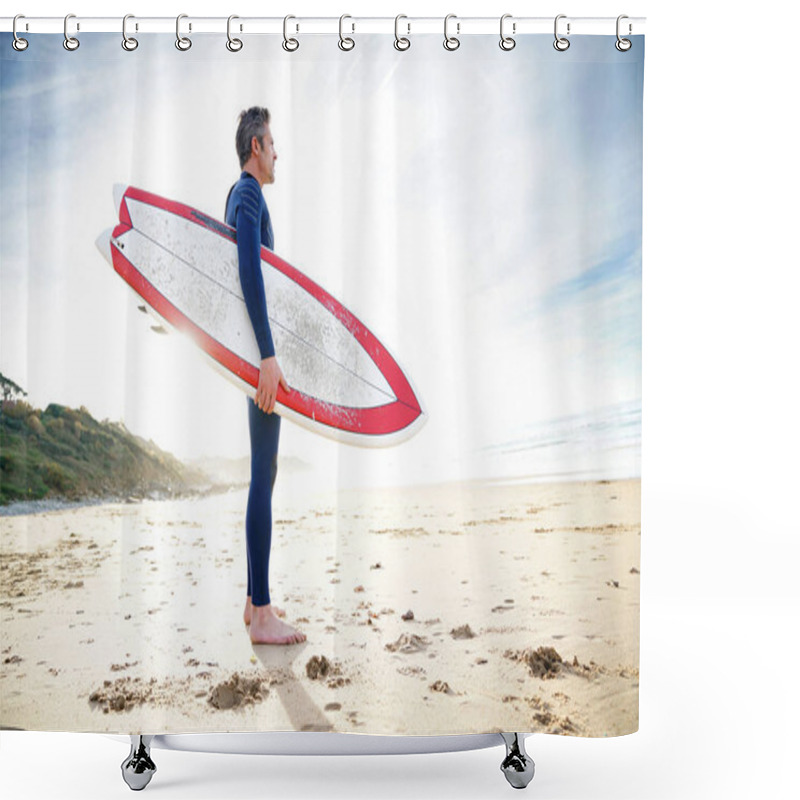 Personality  Surfer On The Beach Holding Surfboard Shower Curtains