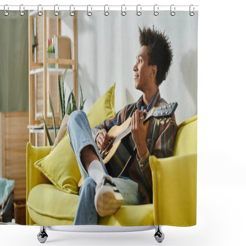 Personality  A Young African American Man Plays An Acoustic Guitar While Seated On A Yellow Couch. Shower Curtains