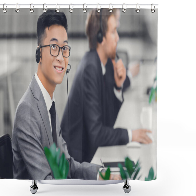 Personality  Handsome Young Asian Businessman In Headset Smiling At Camera While Working In Call Center  Shower Curtains