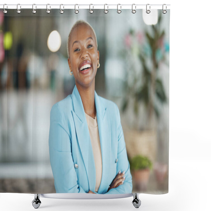 Personality  Agency, Office Portrait And Happy Black Woman, Business Leader Or Worker Confident For Startup Company Mission. Management, Corporate Person And African Female, Bank Admin Or Professional Consultant. Shower Curtains