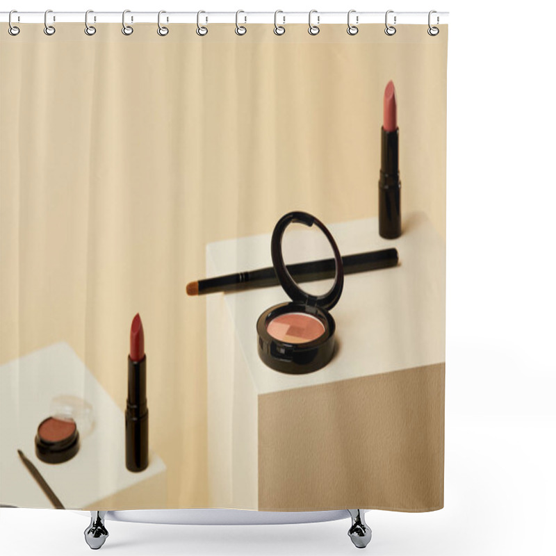 Personality  Close-up Shot Of Various Cosmetics On Beige Cubes Shower Curtains