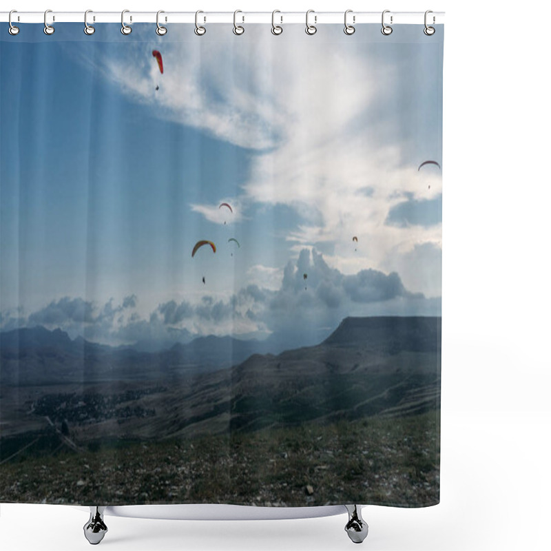 Personality  Parachutists Gliding In Blue Sky Over Scenic Landscape Of Crimea, Ukraine, May 2013 Shower Curtains