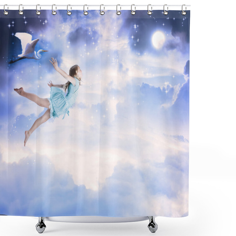 Personality  Little Girl Flying Into The Blue Night Sky Shower Curtains