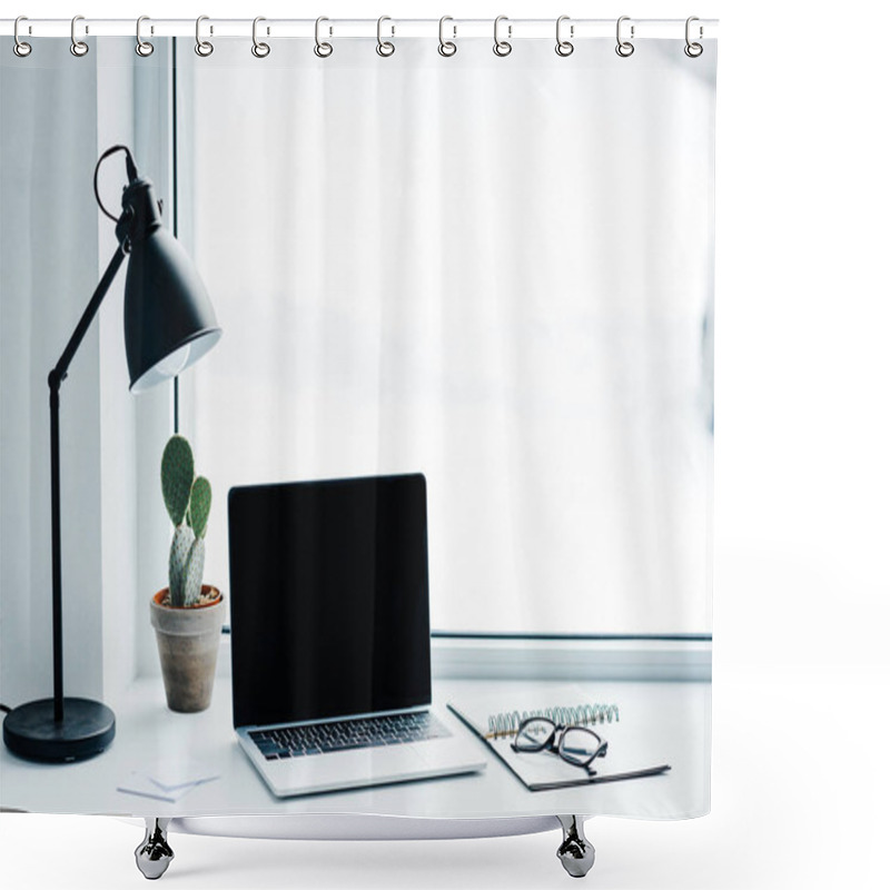 Personality  Laptop With Blank Screen, Lamp, Plant And Textbook With Eyeglasses Shower Curtains