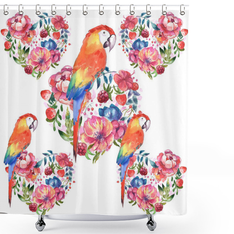 Personality  Birds In Tropical Leaves And Flowers On A White Background. Realistic Watercolor. Clip Art. Drawn By Hand. Hand Painted Shower Curtains