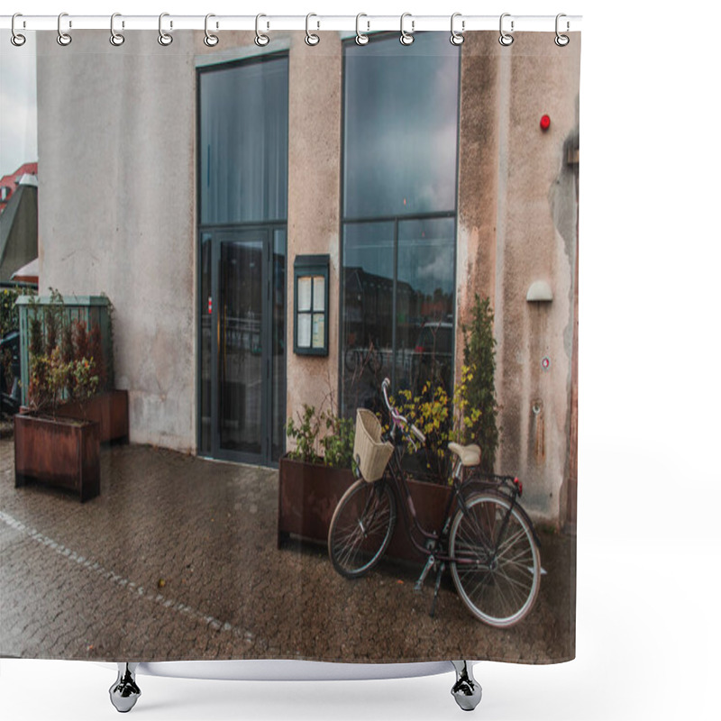 Personality  Bicycle Near Flowerpots And Facade Of Building In Copenhagen, Denmark  Shower Curtains