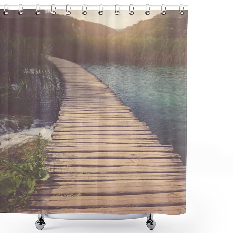 Personality  Wooden Hiking Path In Forest Shower Curtains