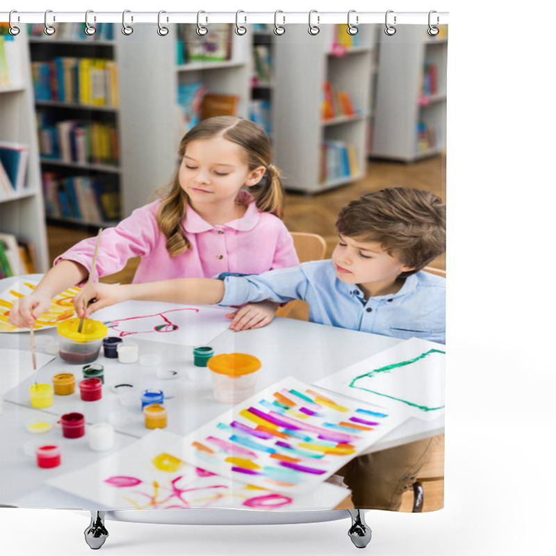 Personality  Selective Focus Of Cheerful Kids Holding Paintbrushes Near Papers  Shower Curtains