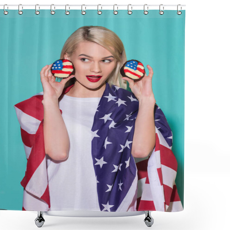 Personality  Portrait Of Young  Woman With American Flag And Cupcakes On Blue Backdrop, Celebrating 4th July Concept Shower Curtains