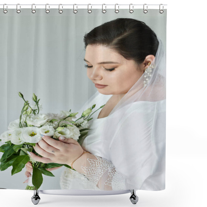 Personality  A Beautiful Plus-size Bride Gently Cradles A White Bouquet, Adorned In Her Delicate Wedding Gown. Shower Curtains