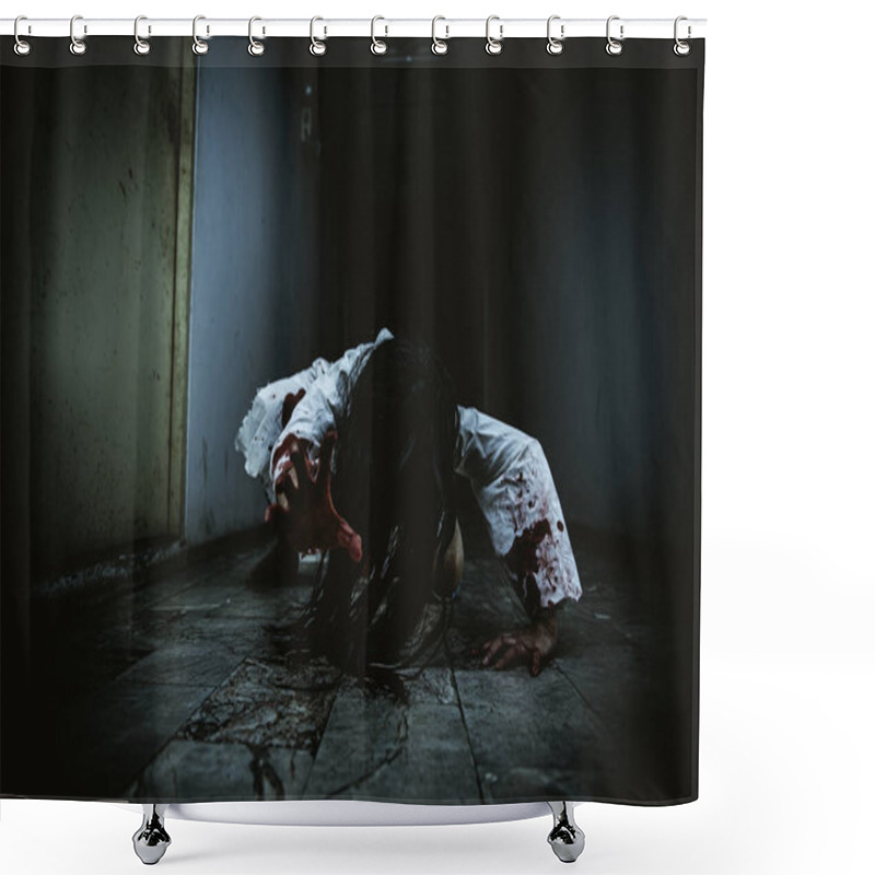 Personality  Portrait Of Asian Woman Make Up Ghost,Scary Horror Scene For Background,Halloween Festival Concept,Ghost Movies Poster Shower Curtains