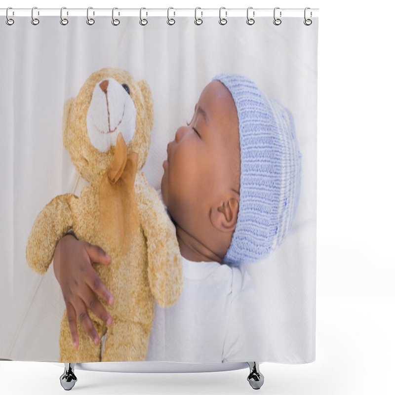 Personality  Adorable Baby Boy Sleeping Peacefully With Teddy Shower Curtains