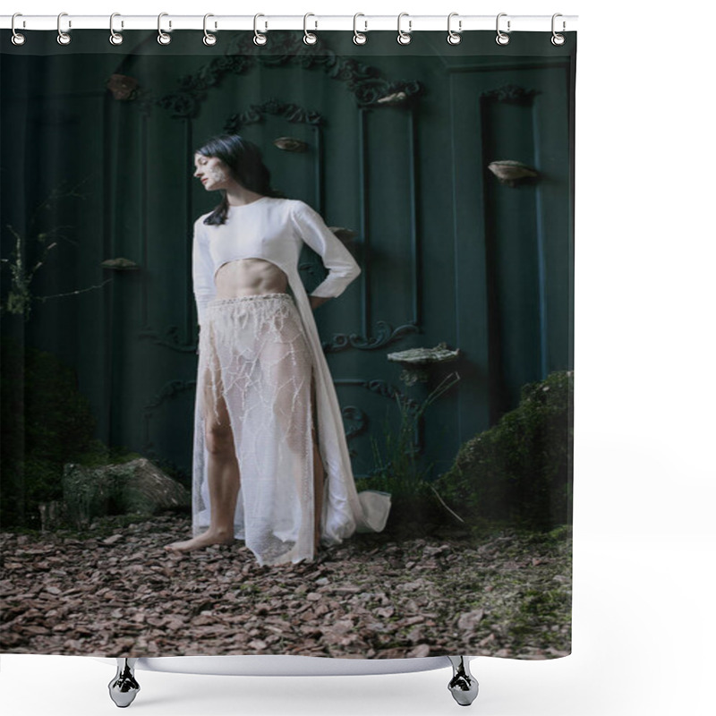 Personality  Woman In White Gown Stands On Ground. Shower Curtains