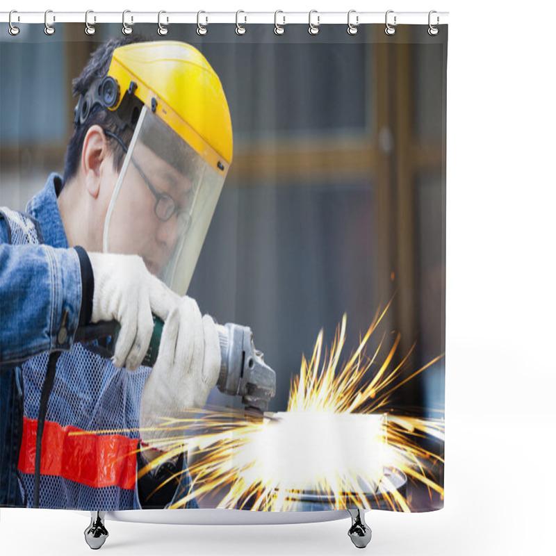 Personality  Worker With Grinder Machine Cutting Metal In Factory Shower Curtains