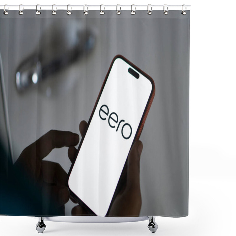 Personality  Dhaka, Bangladesh- 21 Dec 2024: Eero Logo Is Displayed On Smartphone. Shower Curtains