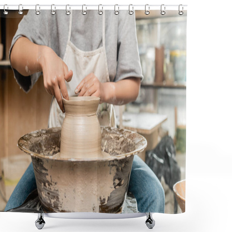 Personality  Cropped View Of Young Female Ceramicist In Apron And Workwear Making Shape Of Clay Vase And Working With Pottery Wheel In Blurred Ceramic Workshop, Pottery Creation Process Shower Curtains