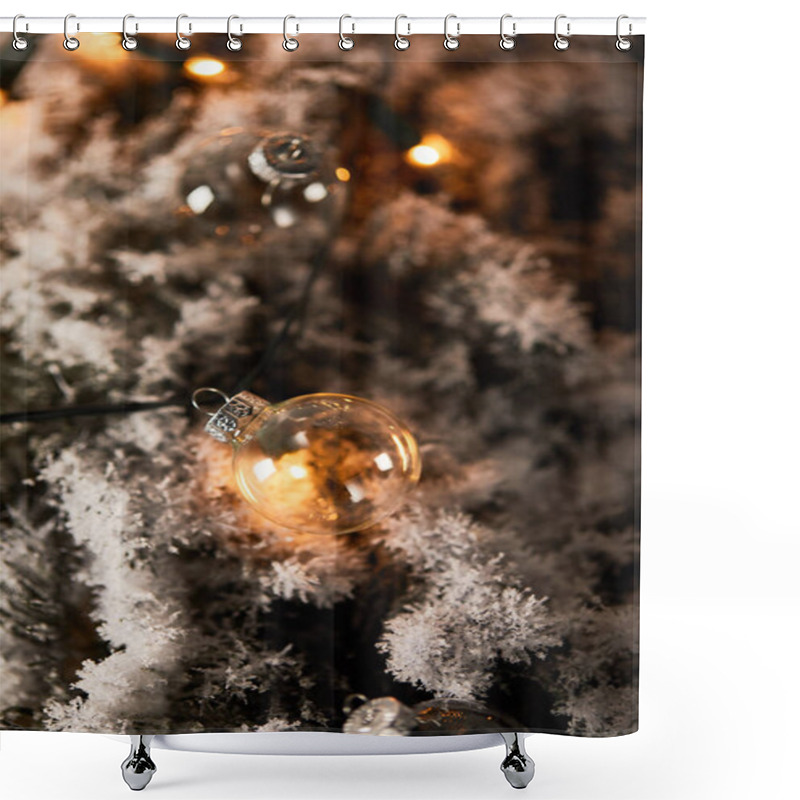 Personality  Selective Focus Of Transparent Christmas Balls And Yellow Lights On Spruce Branches In Snow Shower Curtains