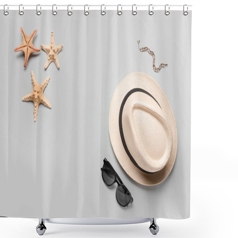 Personality  Composition With Stylish Hat, Bracelet, Sunglasses And Starfishes On Grey Background Shower Curtains