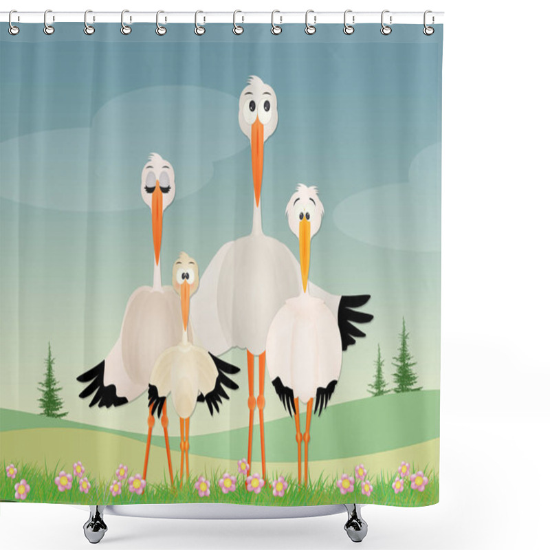 Personality  Illustration Of Family Of Storks Shower Curtains