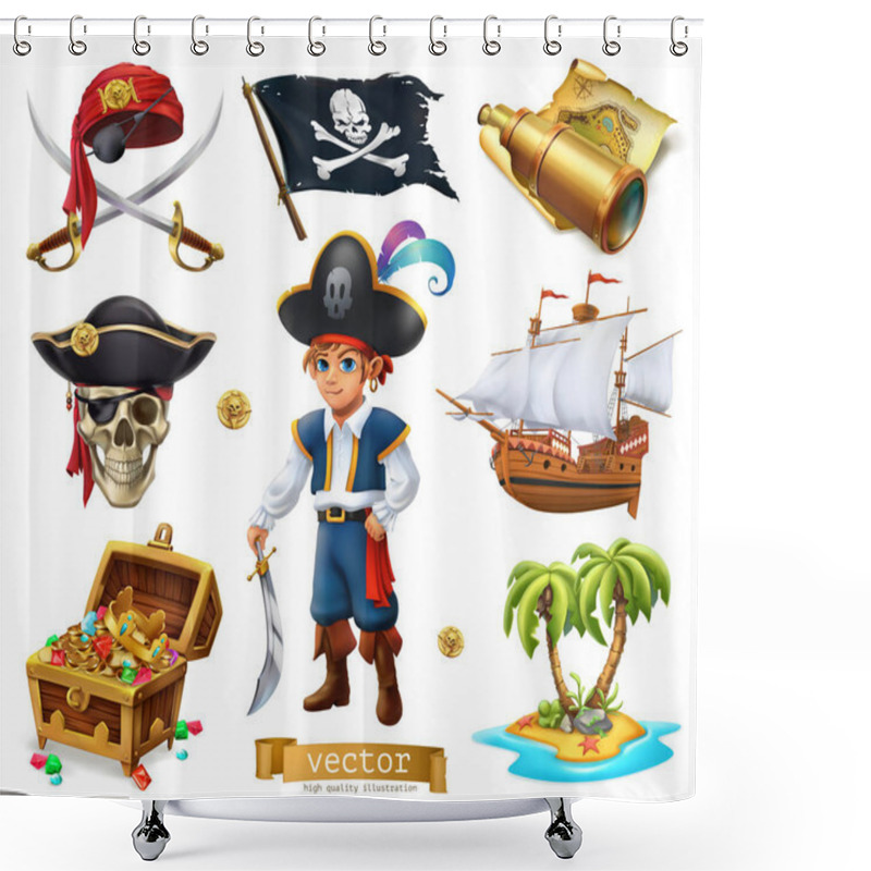 Personality  Pirates Set. Boy, Treasure Chest, Map, Flag, Ship, Island. 3d Cartoon Vector Icon Shower Curtains