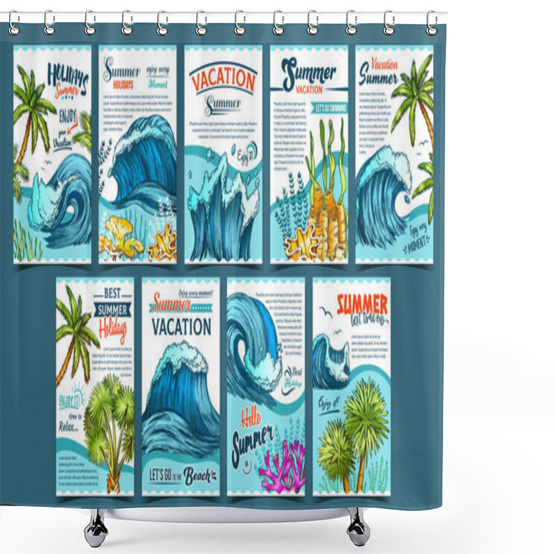 Personality  Wave, Palm Trees And Seaweeds Banner Set Vector Shower Curtains