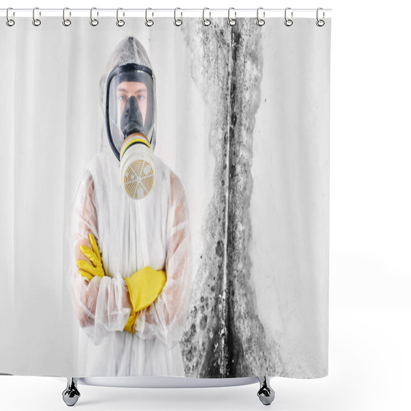 Personality  A Professional Disinfector In Overalls Processes The Walls From Mold. Removal Of Black Fungus In The Apartment And House. Aspergillus Shower Curtains