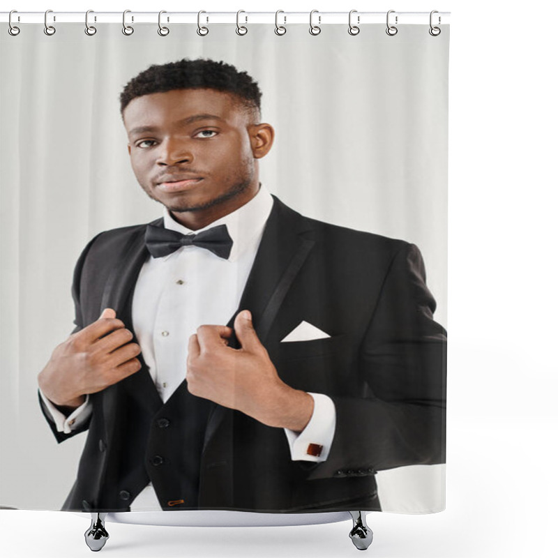 Personality  A Young And Handsome African American Groom In A Tuxedo Striking A Confident Pose In A Studio Setting Against A Grey Background. Shower Curtains