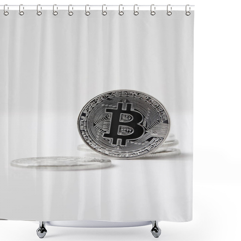 Personality  Close-up Shot Of Bitcoin Standing On White Tabletop Shower Curtains