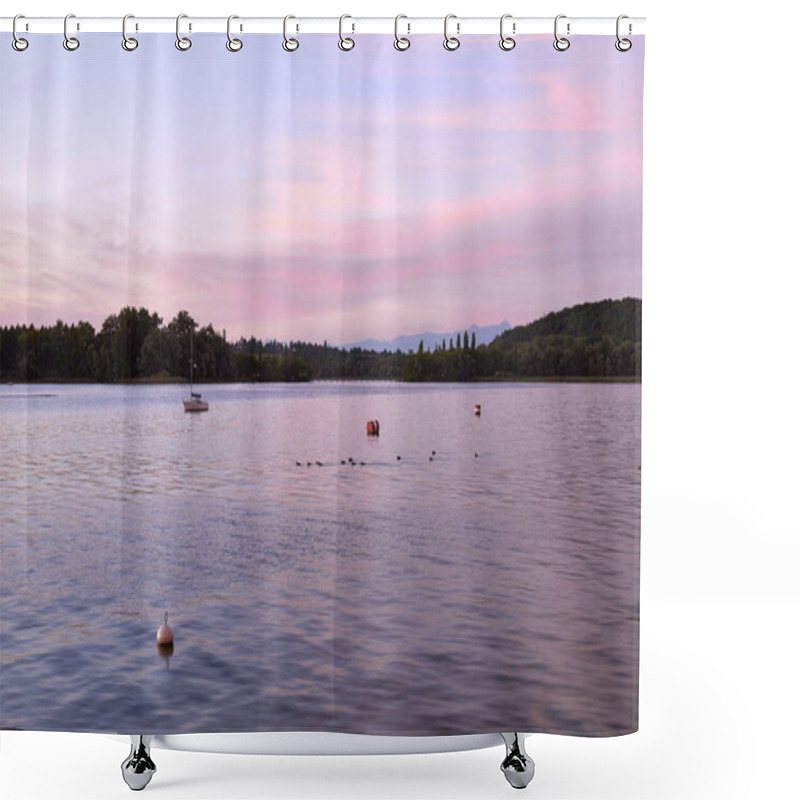 Personality  Capture The Serenity Of A Pier At Sunset With Sailboats Gently Floating On The Calm Lake. This Tranquil Scene Features An Orange And Pink Sky Reflecting On The Water, Creating A Peaceful Marina Shower Curtains