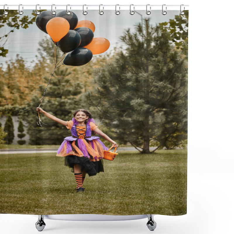 Personality  Joyous Girl In Halloween Costume Holding Balloons And Candy Bucket While Running On Green Grass Shower Curtains