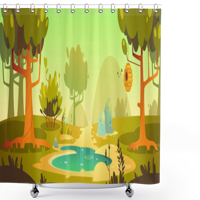 Personality  Cartoon Forest Background With Pond, Swamp, Trail Shower Curtains