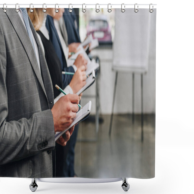 Personality  Cropped Image Of Businesspeople Standing In Row And Writing Something To Notebooks During Training In Hub Shower Curtains