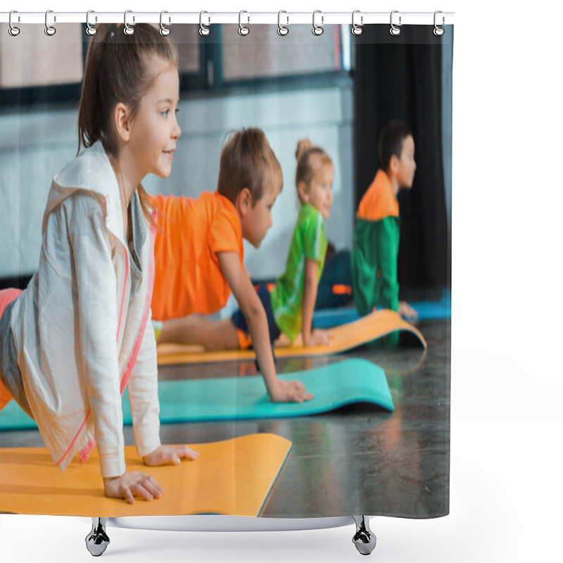 Personality  Selective Focus Of Multicultural Children Doing Asana On Yoga Mats Shower Curtains