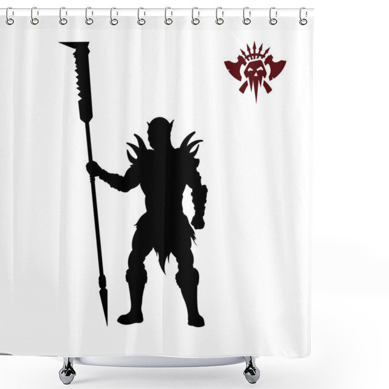 Personality  Black Silhouette Of Orc With Spear On Background. Fantasy Character. Angry Warrior With Weapon. Barbarian Tattoo Shower Curtains