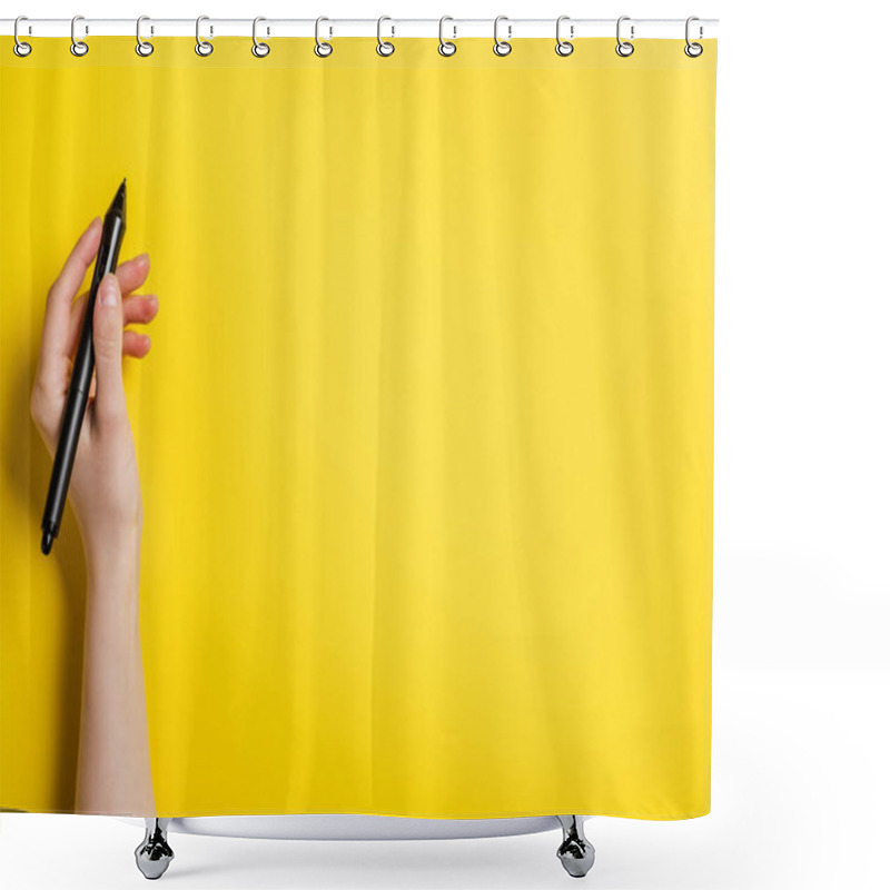 Personality  Cropped View Of Designer Holding Black Stylus On Yellow  Shower Curtains