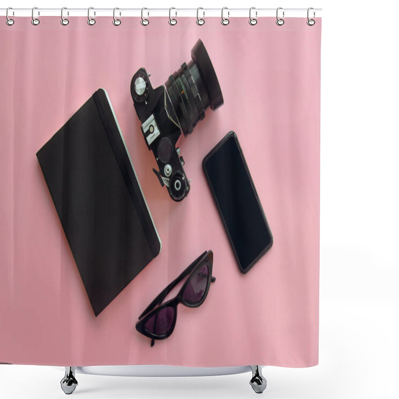 Personality  Stylish Black Sunglasses, Smartphone, Photo Camera And Notebook On Pink Background, Flat Lay. Modern Hipster Image. Space For Text. Summer Vacation Shower Curtains