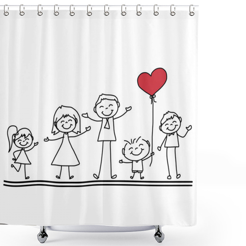 Personality  Hand Drawing Cartoon Of  Happy Family With Red Heart Shower Curtains