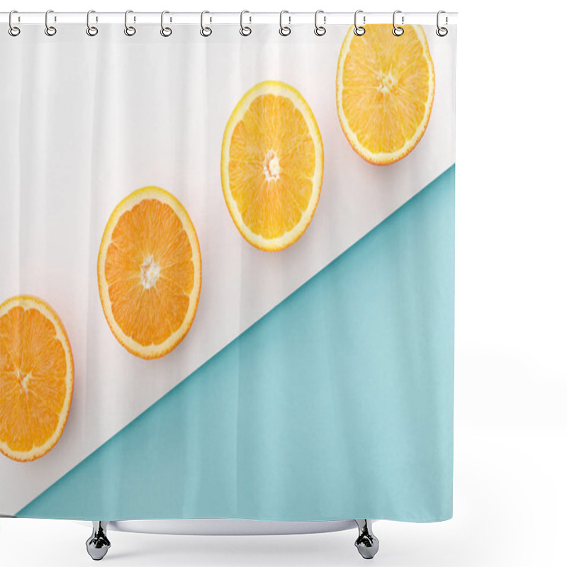 Personality  Top View Of Cut Oranges On White And Blue Background Shower Curtains