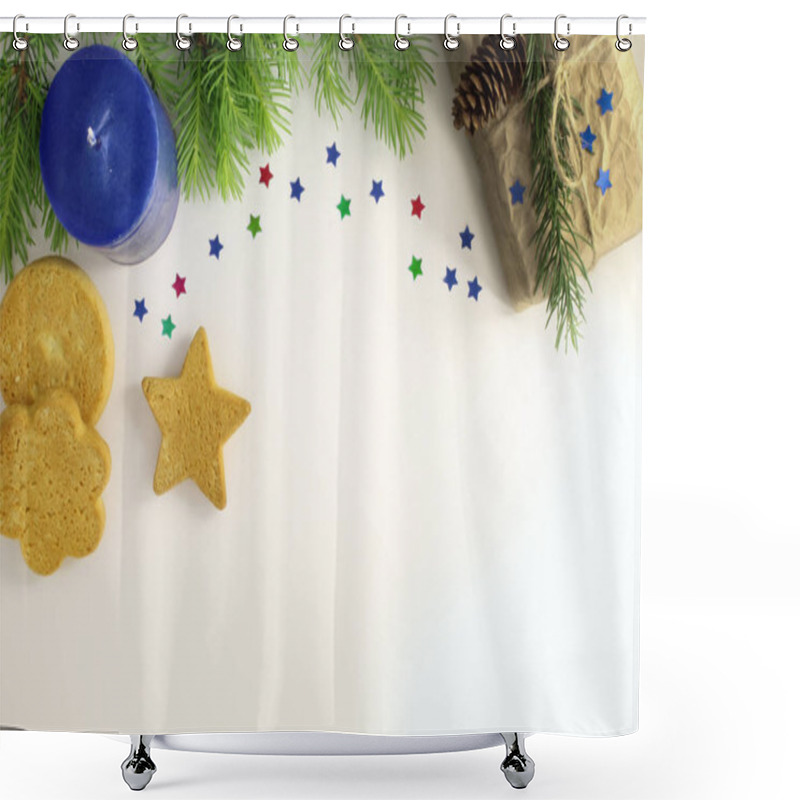 Personality  Christmas Composition. Christmas Frame Of Fir Branches, Cookies, Gift Box And Candle. Christmas Wallpaper. Flat Position, Top View Shower Curtains