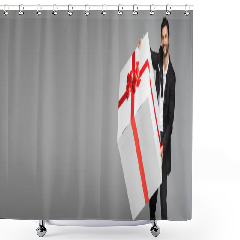 Personality  Happy Man In Suit Holding Huge Gift Box Isolated On Grey, Banner Shower Curtains