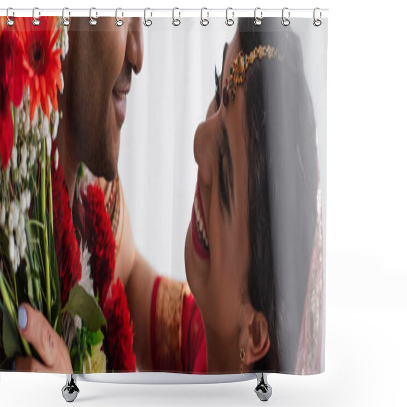 Personality  Happy Indian Bride With Mehndi Holding Flowers And Hugging Man Isolated On White, Banner Shower Curtains