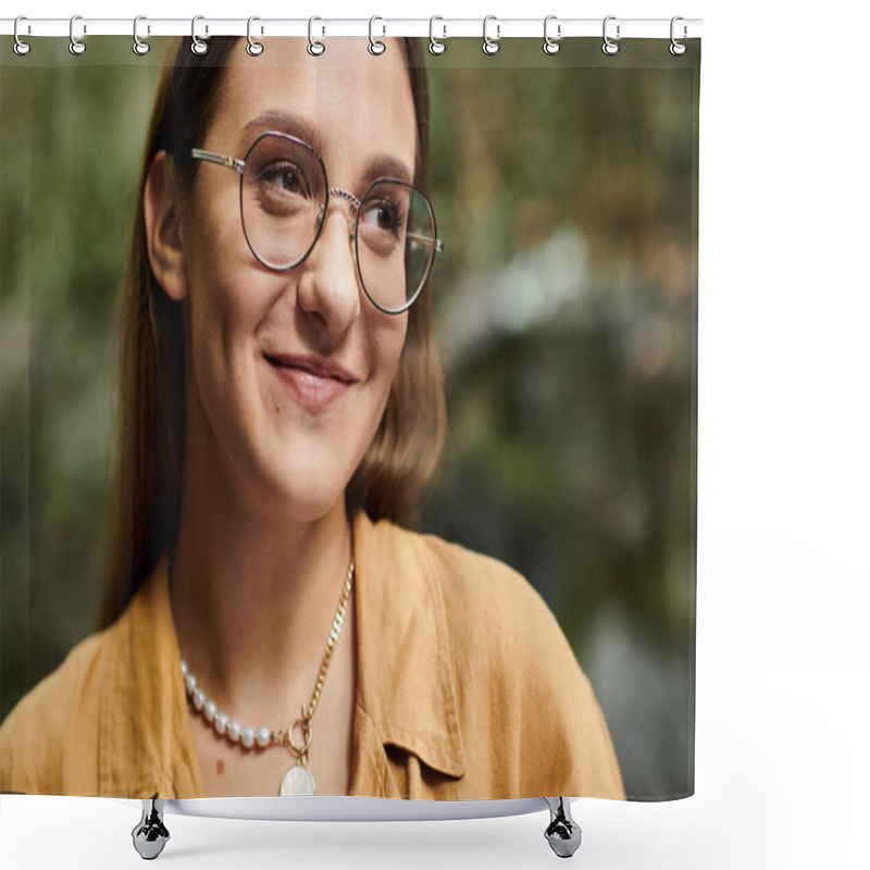 Personality  A Young Woman Smiles Warmly At A Cafe. Shower Curtains