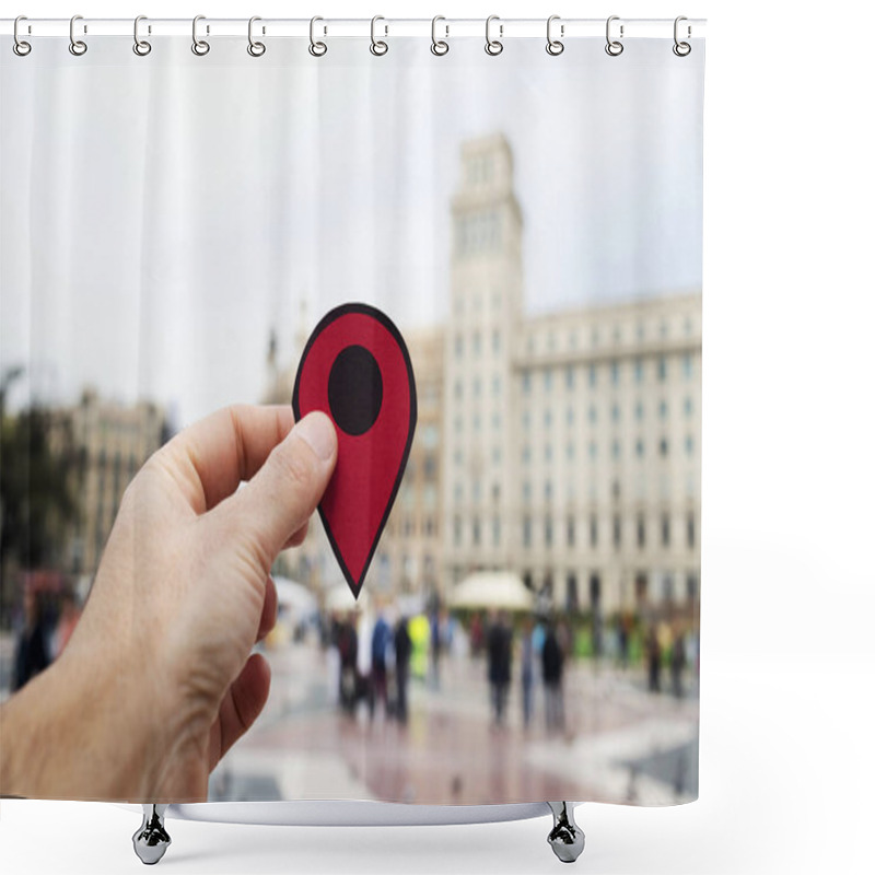 Personality  Man With Red Marker In Placa Catalunya, Barcelon Shower Curtains