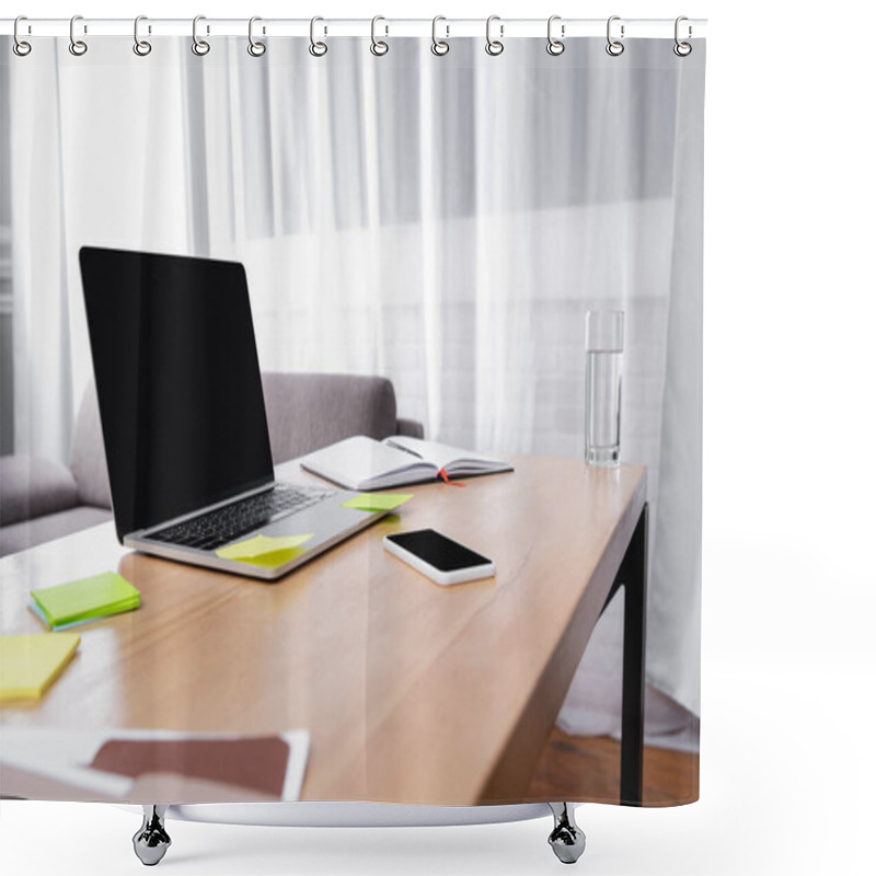 Personality  Laptop And Smartphone With Blank Screen Near Glass Of Water, Sticky Notes And Notebook On Desk Shower Curtains